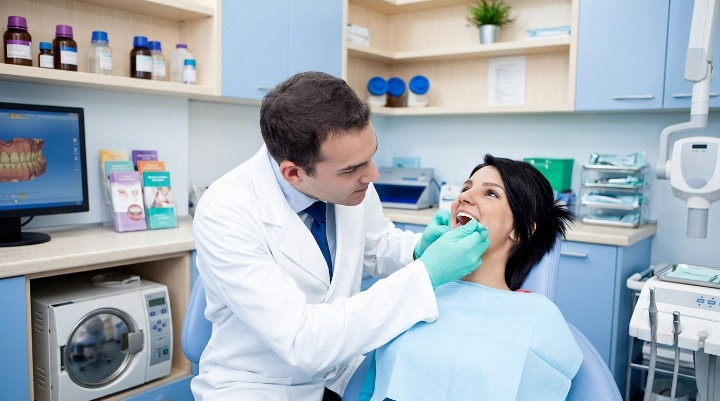 Dentist checking woman's teeth
