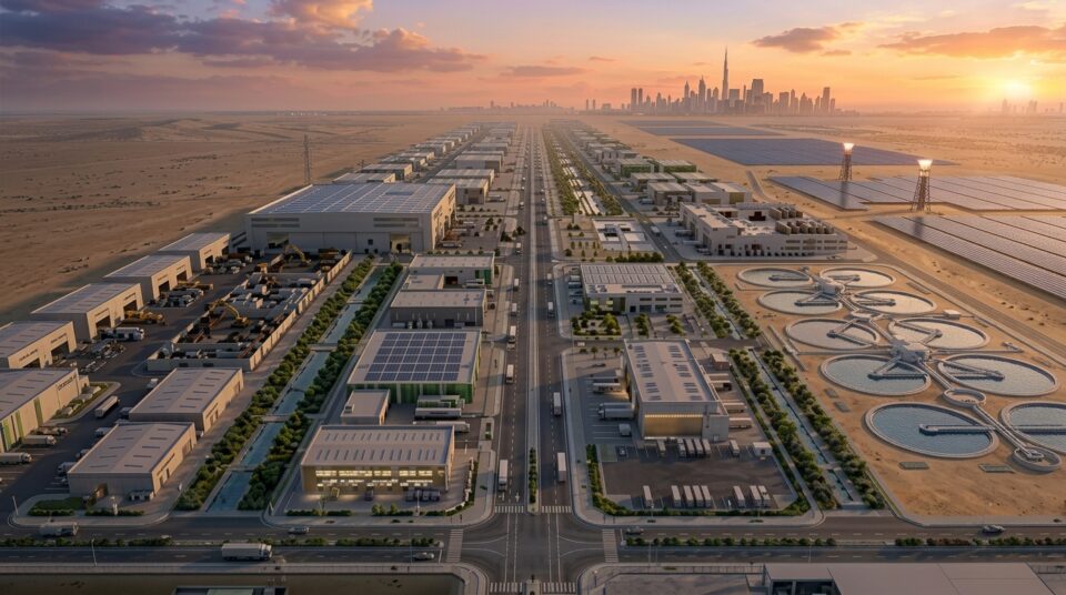 Desert industrial complex facing skyline.