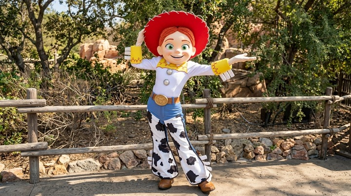 Jessie character waving outdoors