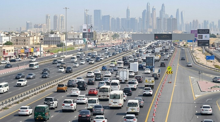 Busy highway traffic in city