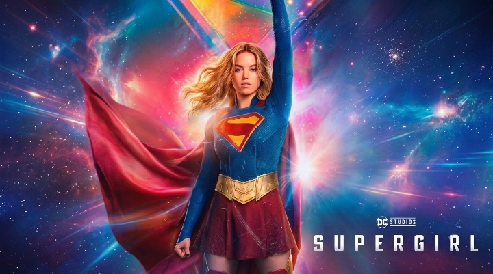 Supergirl flying in cosmic space