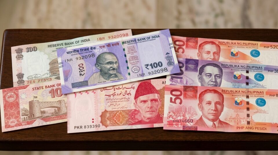 Asian currency banknotes and coins