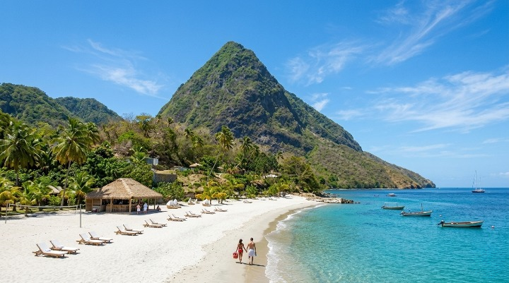 Couple walking on white sand