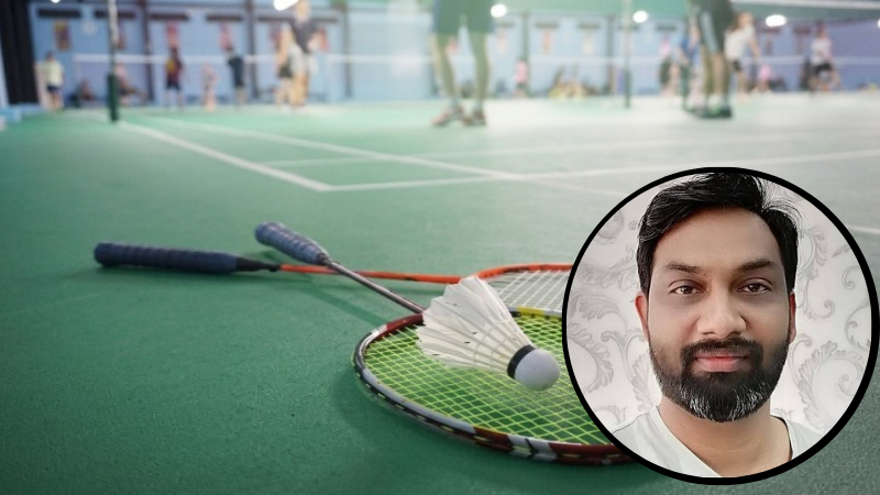 Badminton rackets on court